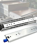 Heavy Duty 500 Lb Side Mount Drawer Slides For Industrial Cabinets With Locking Mechanism, 76mm Wide, Pair Included, Non Detachable Design, 0.77 Inch Clearance On Each Side For Smooth, Solid Drawer Operation. Side-mount steel drawer slides with locking lever, pair shown