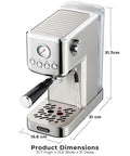 Compact Espresso Machine With 20 Bar Pump And Milk Frother Steam Wand For Barista Grade Lattes And Cappuccinos At Home 1350W Fast Heating 40 Ounce Removable Water Tank Stainless Steel Silver dimensions view