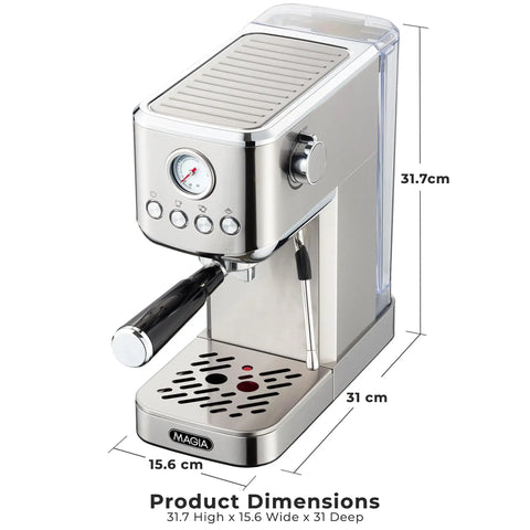 Compact Espresso Machine With 20 Bar Pump And Milk Frother Steam Wand For Barista Grade Lattes And Cappuccinos At Home 1350W Fast Heating 40 Ounce Removable Water Tank Stainless Steel Silver dimensions view