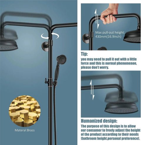 Oil Rubbed Bronze Shower Faucet Set With Hand Sprayer And Tub Spout 12 Inch Extension Tube Included 8 Inch Rainfall Shower Head Fixture Wall Mount Triple Function With Two Cross Knobs showing height adjustment.