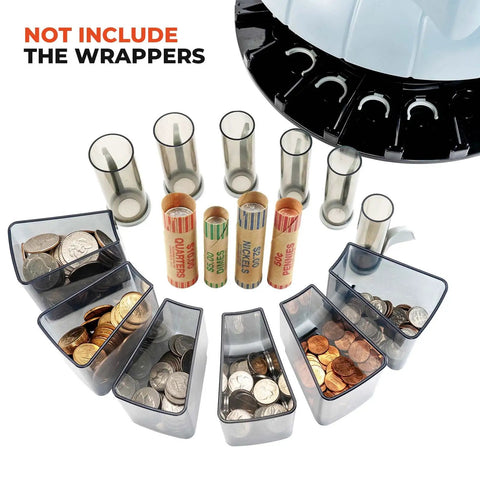 Coin Counter And Sorter Machine With Six Bins Counts Up To 250 Coins Per Minute Handles One Cent Five Cent Ten Cent Twenty Five Cent Fifty Cent And Dollar 2000 Coin Hopper Batch Mode Printer Ready Easy One Button Operation For Shops And Home showing tubes and bins.