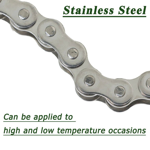 40SS Stainless Steel Roller Chain close-up showing durability and corrosion resistance, heat-treated, ANSI 40, for machinery and bikes.