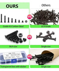 390 Pcs M3 Flat Head Countersunk Cross Machine Screws And Nuts Set In Black Steel For Electronics, DIY Projects, Robotics And Hobby Builds With Hex Nuts Kit For Strong Easy Mounting. Transparent box with labeled M3 screws and nuts.