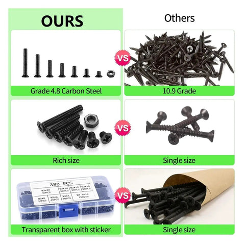 390 Pcs M3 Flat Head Countersunk Cross Machine Screws And Nuts Set In Black Steel For Electronics, DIY Projects, Robotics And Hobby Builds With Hex Nuts Kit For Strong Easy Mounting. Transparent box with labeled M3 screws and nuts.