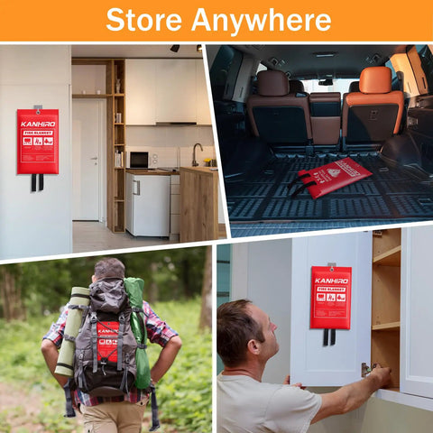 Grab And Go Fire Blanket For Home And Kitchen Safety 4 Pack 40x40 Fiberglass Emergency Suppression Blanket shown in various storage locations