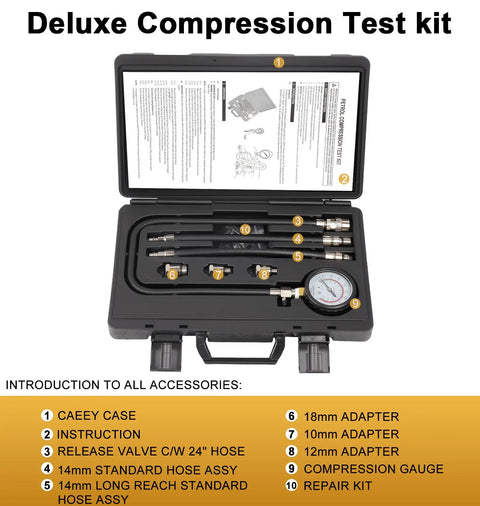 Pro Grade Deluxe Compression Test Kit For Gasoline Engines With Dual Scale Gauge 14mm Flex Sockets 10 18mm Adapters And Sturdy Storage Case