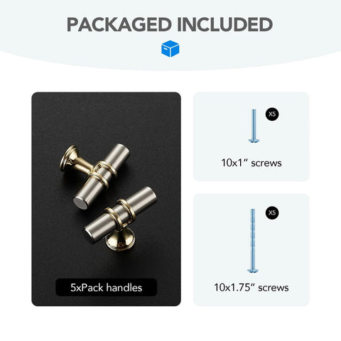 Brushed Nickel And Brushed Brass Cabinet Knobs And Handles, Single Hole Modern T Bar Drawer Pulls, 5 Pack, with screws included