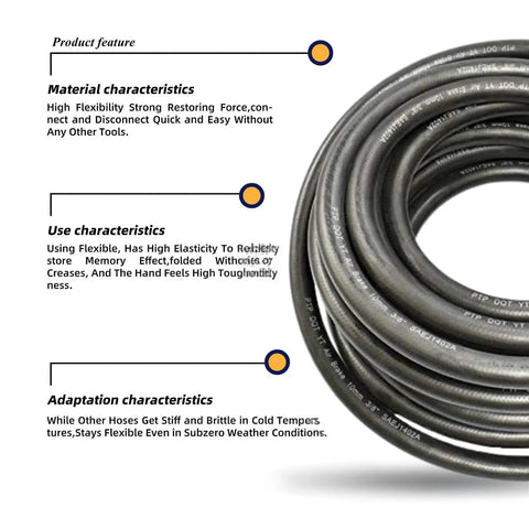 Coiled Heavy Duty 3/8 Inch Rubber Air Brake Hose 50 Foot Roll Black Replacement for 9003006 with text details