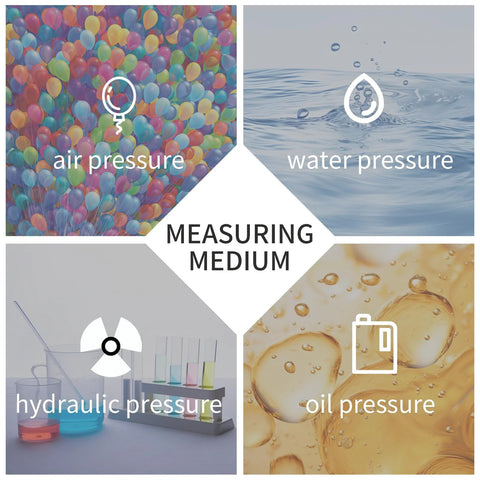 BPSSDI 0-30 psi glycerin-filled gauge infographic showing air, water, hydraulic, and oil pressure measuring medium