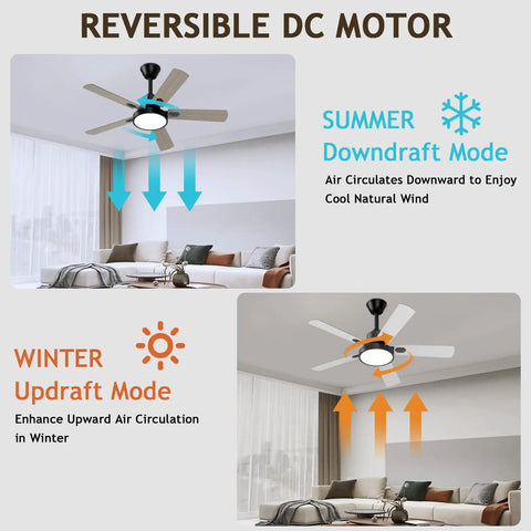 Diagram of 52 Inch Outdoor Ceiling Fan With Light And Remote Control, Reversible DC Motor showing summer and winter modes.