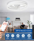 20 Inch Low Profile Ceiling Fan With Led Light And App Remote in modern living room, showcasing remote control and smartphone app features.