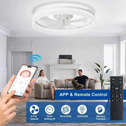 20 Inch Low Profile Ceiling Fan With Led Light And App Remote in modern living room, showcasing remote control and smartphone app features.
