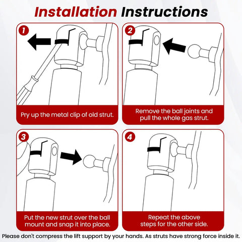 Installation instructions for Heavy Duty 20 Inch 60lb Gas Struts With 10mm Ball Studs Direct Replacement Lift Supports For Truck Campers, RV Under Bed, Boat Lids, Floor Hatch Covers, Box Lids, 2 Pack