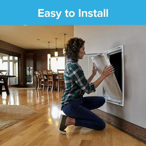 Person installing 20x25x1 Air Filter Replacement For HVAC AC Furnace 3M MERV 1 6 Pack in a home wall vent, easy 3-month change