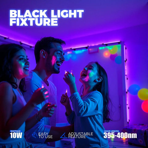People enjoying Blacklight Strip Lights 10W 1ft USB Black Light Bar Adjustable For Dope Glow Party in a room with UV decor.