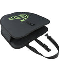 Heavy Duty Electric Vehicle Charging Cable Organizer Bag With Secure Seat Back Straps in black, showing storage compartment and straps.