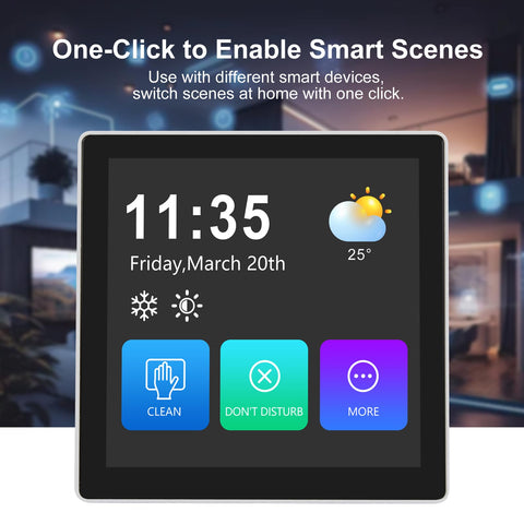 Touchscreen 4 Inch LCD Display Module With Temperature And Humidity Sensor showing smart home interface on screen.