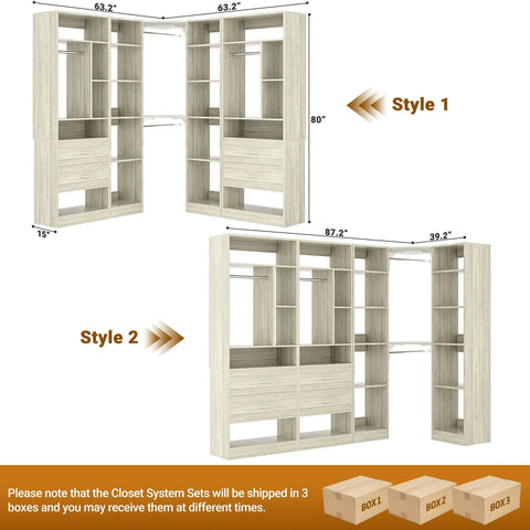 Rock Solid Corner Closet System With 3 Sets and 87 Inch Frame Offers Gobs of Storage via 4 Large Wooden Drawers and shelves.