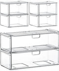 Super Slick Acrylic Stackable Drawer Set Of Six Pack For Vanity And Bathroom Desk Organization, clear acrylic modular units.