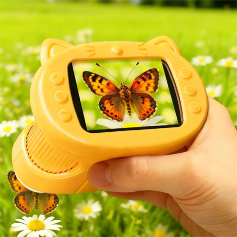 1000X Kid Friendly Digital Microscope With 2.4 Inch 4K IPS Display And 2MP Camera, standalone yellow handheld microscope showing a butterfly