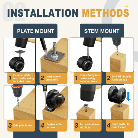 Installation guide for Hard Core 2 Inch Swivel Caster Wheels Set Of 4 showing plate and stem mount options on furniture.