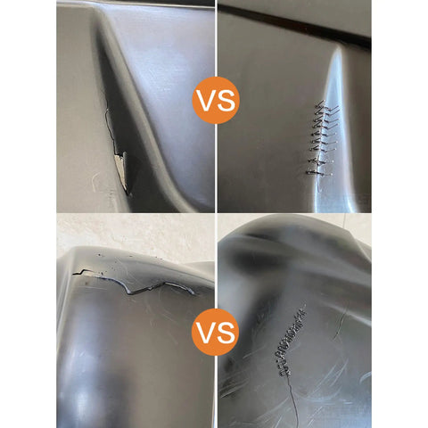 Before and after comparison using 80W Plastic Welder Kit for Cars and DIY Repairs, revealing repaired car bumper cracks.