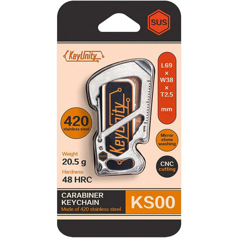 Packaging of Stainless Steel 7 Tool Carabiner Clip Multitool With Quick Release Clasp Wrench Cross And Slotted Screwdrivers Bottle Opener Ruler And Key Holder