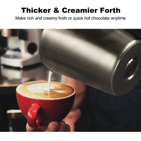 Pouring frothed milk from 17 Ounce Electric Milk Frother And Steamer With Stainless Steel Jug into cappuccino cup