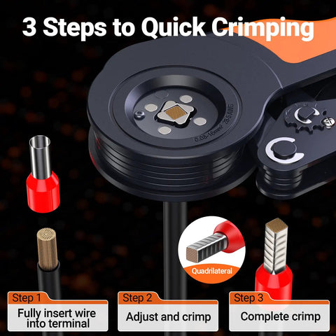 Top Tier Preciva Quadrilateral Ferrule Crimping Tool Kit With 1280pcs Wire Terminals And Ratchet Action For Automotive DIY Wiring Projects Perfect For Pros and Homeowners crimping steps graphic