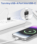 4 Pack USB C Female To USB A Male Car Charger Adapter connected to power strip and charging iPhone, showing USB 2.0 data transfer