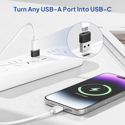 4 Pack USB C Female To USB A Male Car Charger Adapter connected to power strip and charging iPhone, showing USB 2.0 data transfer
