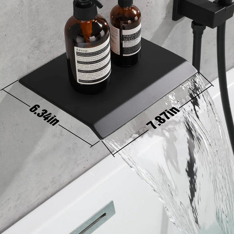 Matte black shower shelf with water flowing, part of the 10 Inch Matte Black Rain Shower System With Brass Rough In Valve Included No More Water Hammer Pressure Balance Valve For Smooth Hot Cold Transitions And Pro Grade Shower Fixtures For Your Bathroom Renovation