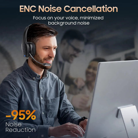 Man using Trucker Bluetooth Headset With Dual Noise Canceling Microphone And Mute Button Features 55 Hour Battery Life For Truck Drivers And Cell Phones Crystal Clear Calls AI Noise Reduction For Busy Cab Environments at computer, showcasing ENC Noise Cancellation.
