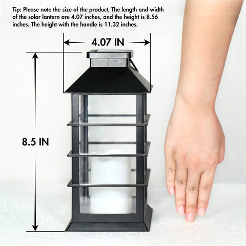 Two Pack Lit Solar Powered Outdoor Hanging Lanterns With Waterproof LED Flickering Flameless Candles, size comparison with hand