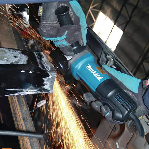 4-1/2 Inch Paddle Switch Angle Grinder with 7.5 Amp Motor Delivers 11,000 RPM cutting metal with sparks
