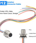 Industrial 8 Pin M12 Sensor Cable With Unshielded Wire, A Coded, Front Mount Straight Male Connector, IP67 Waterproof