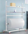 Heavy Duty Bubble Wrap Roll Dispenser With Fast Swap Mount For No Sweat Packing And Moving Essential Supplies on a wheeled metal stand.