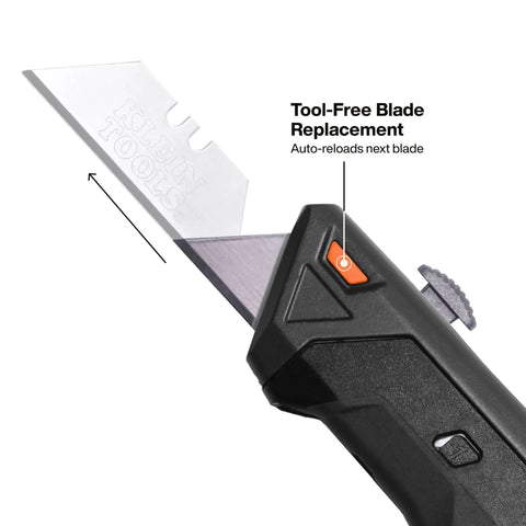 Auto Loading Retractable Utility Knife With Dual Sided 10 Blade Magazine showing tool-free blade replacement