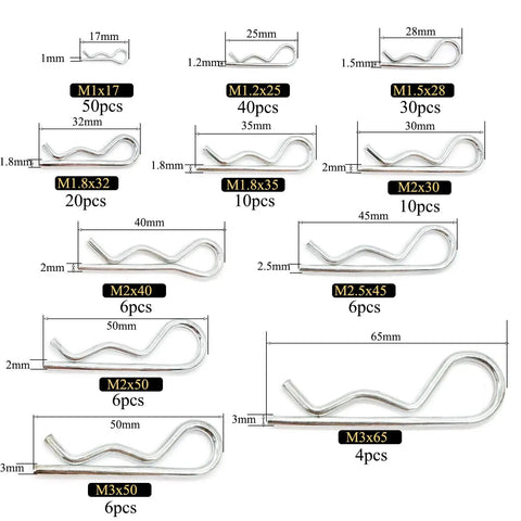 188-Piece Hitch Pin Clip Kit With R Clips And Hair Pin Retaining Pins, 11 Sizes From M1x17 To M3x65 shown with dimensions