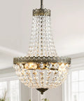 4 Light French Empire Mini Crystal Chandelier With Antique Brass Finish, Glam Crystal Cascade Farmhouse Pendant Lighting For Dining Room
