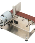 Fafeicy 200W Mini Belt Sander With Adjustable Speed 9000Rpm And Durable Brass Core Motor on metal base for sanding tasks.