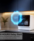 Compact Countertop Dishwasher With Five Place Setting Capacity And Seven Washing Programs, featuring 18-hour delay start function.