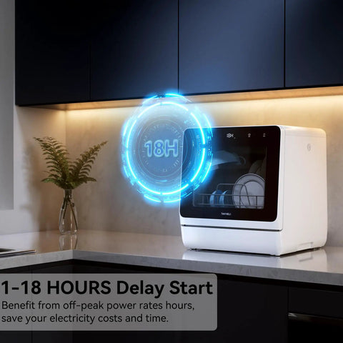 Compact Countertop Dishwasher With Five Place Setting Capacity And Seven Washing Programs, featuring 18-hour delay start function.