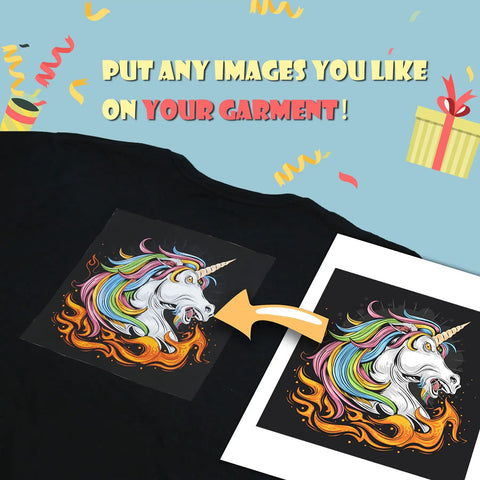 Inkjet Printable Iron On Heat Transfer Paper For Dark Fabrics 20 Sheets 8.5x11 Inches DIY Tees Bags Totes with unicorn design