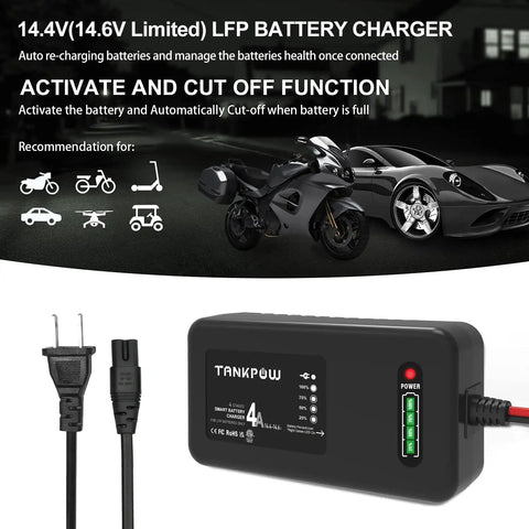Heavy Duty 14.6V 4A LiFePO4 Smart Battery Charger and Maintainer with LED readouts and SAE connectors for various vehicles.