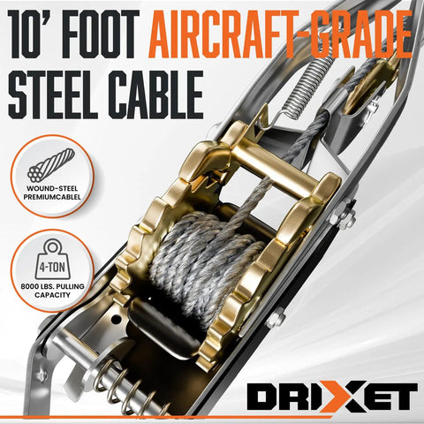 Heavy Duty Come Along Winch 4 Ton Hand Puller With Cable And Pulley Built Tough Dual Gear Ratchet System Three Hooks for towing
