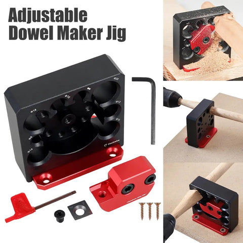 Top Shelf Adjustable Dowel Maker Jig Kit featuring sleek anodized aluminum build and sharp carbide blades for precise wood turning.