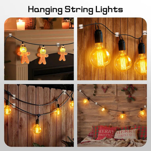 Various scenes showcasing hanging string lights with warm yellow bulbs and decorative gingerbread lights, indoor and outdoor settings.