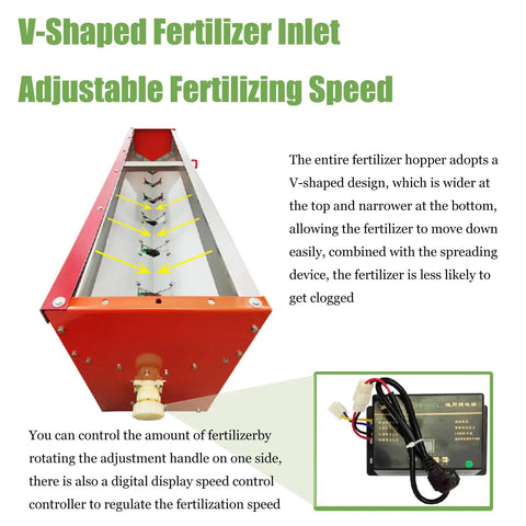 V-shaped fertilizer inlet and control panel of Tricycle Rear Mounted Electric Fertilizer Spreader For Broadcast Spreading 80 To 100 Kg Capacity Three Wheel Farm Spreader 48 Volt Battery Powered High Efficiency Fertilizer Distribution.