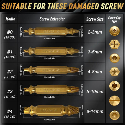 Chart showing screw extractor sizes for damaged screws with types and measurements.